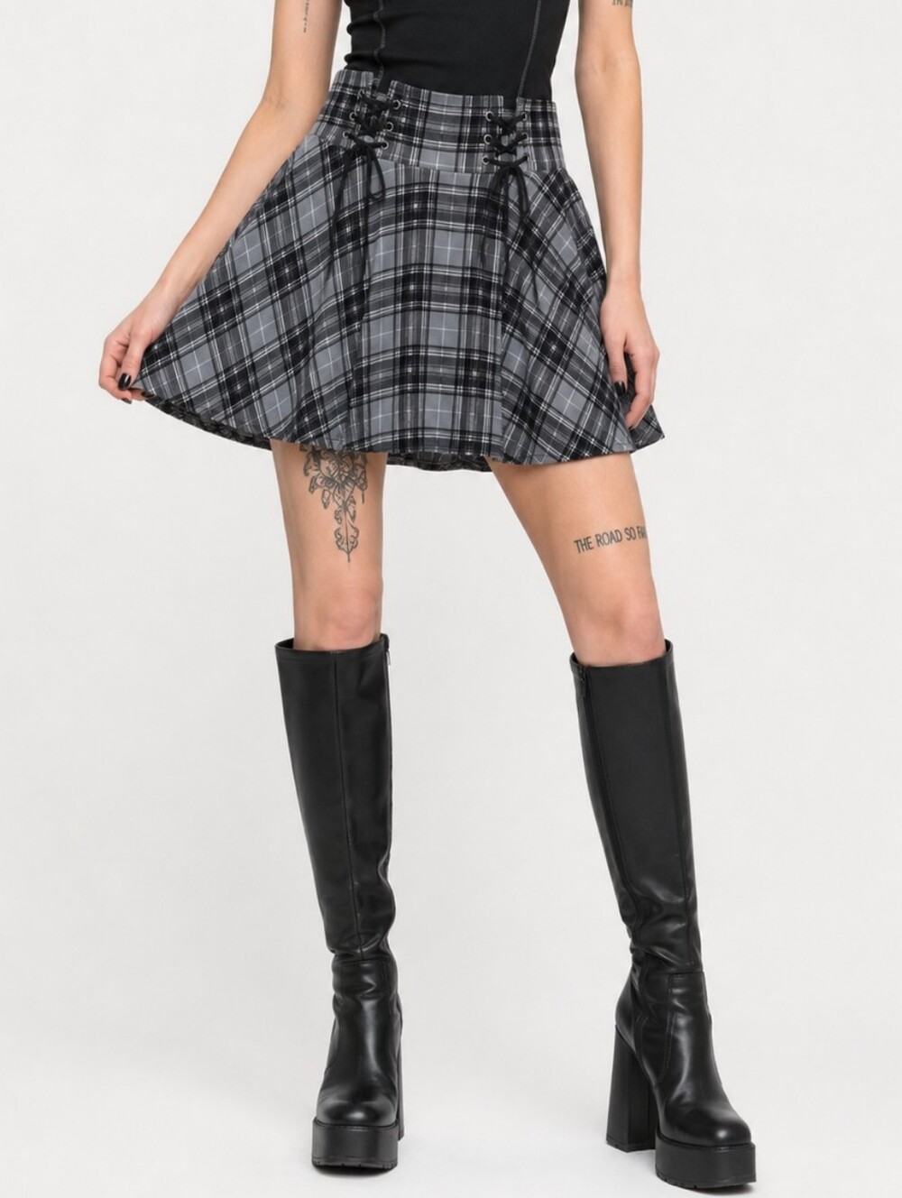 Midnight Hour Hot Topic Y2k Plaid Mini Skirt with Lace-Up Waist - Black/Grey